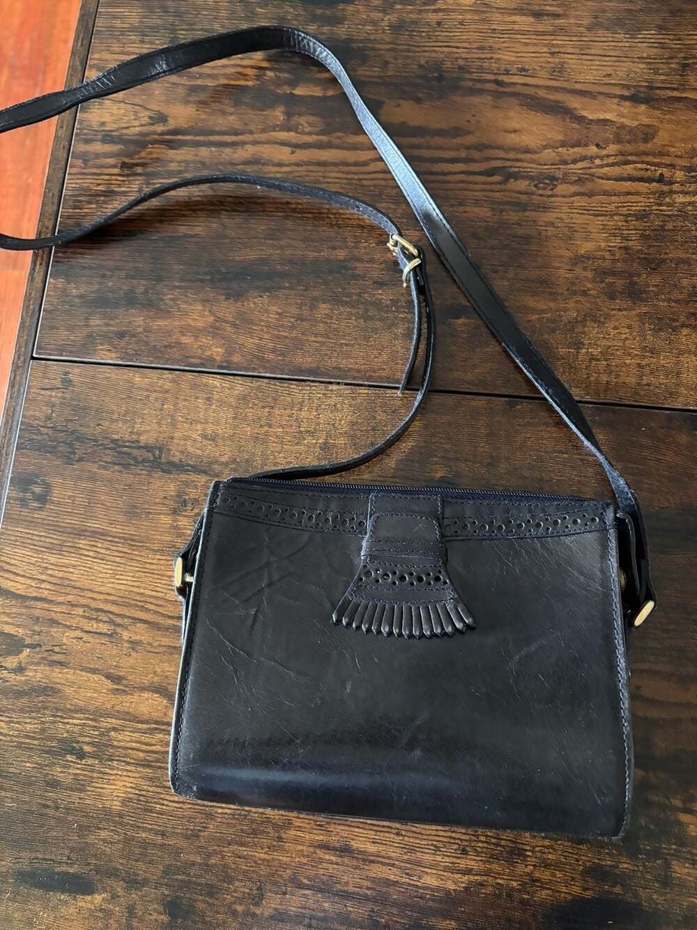 Perry Ellis Portfolio Black Leather Tassel Detail Crossbody Shoulder Bag